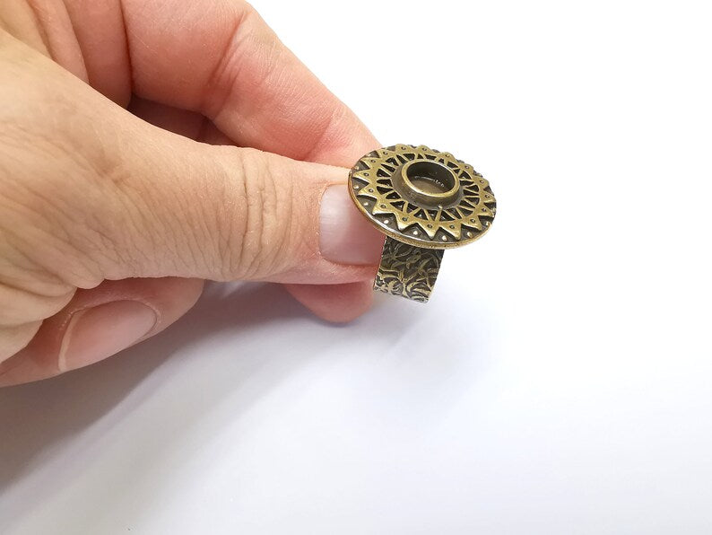 Sun Motif Ring Blank Setting, Cabochon Mounting, Adjustable Resin Base, Inlay Ring Mosaic Ring Bezel Antique Bronze Plated (8mm) G33216
