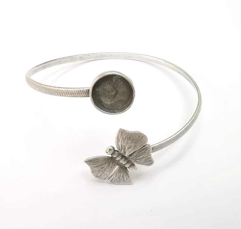 Butterfly Bracelet Bezel Blank Resin Bezel Cabochon Cuff Base Settings Adjustable Bracelet Antique Silver Plated Brass (12mm Bezel) G33098