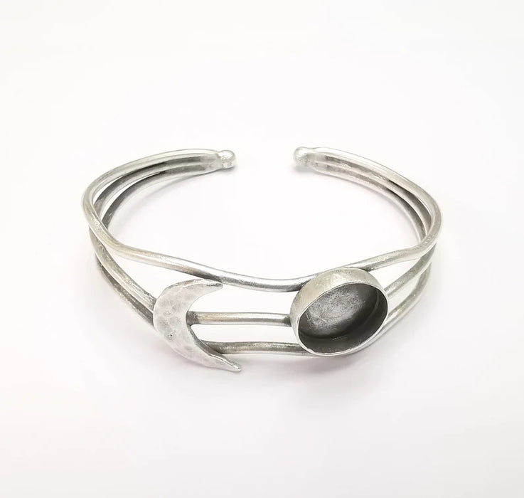 Crescent Moon Bracelet Blank Resin Bezel Cabochon Cuff Base Setting Adjustable Bracelet Antique Silver Plated Brass (14mm Bezel) G33099