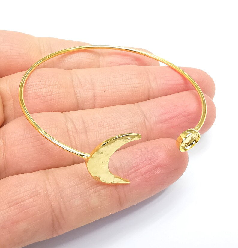 Crescent Moon Bracelet Bezel Blank Resin Bezel Cabochon Cuff Base Settings Adjustable Bracelet Shiny Gold Plated Brass (6mm Bezel) G33110