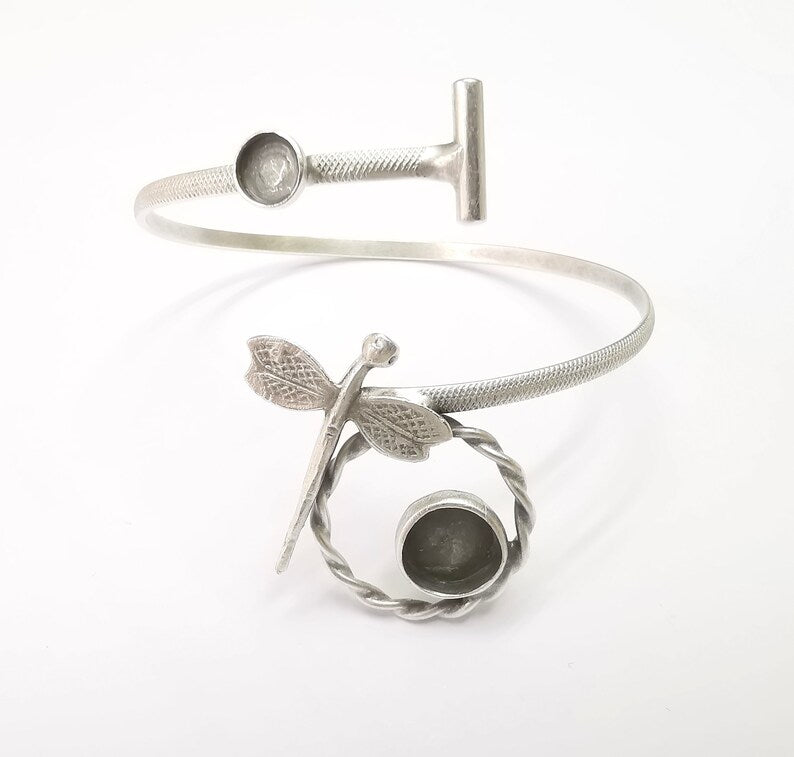 Dragonfly Bracelet Bezel Blank Resin Bezel Cabochon Cuff Base Settings Adjustable Bracelet Antique Silver Plated Brass (10mm and 6mm) G33111