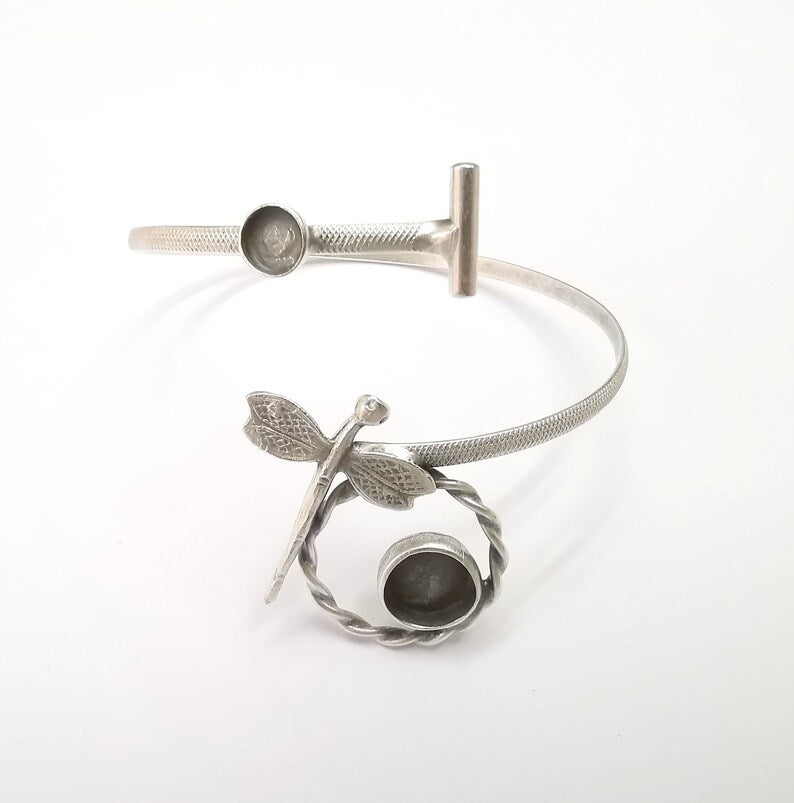 Dragonfly Bracelet Bezel Blank Resin Bezel Cabochon Cuff Base Settings Adjustable Bracelet Antique Silver Plated Brass (10mm and 6mm) G33111