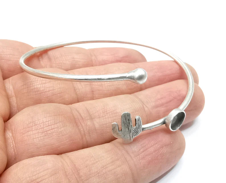 Cactus Bracelet Bezel Blank Resin Bezel Cabochon Cuff Base Setting Adjustable Bracelet Silver Plated Brass (6mm Bezel) G33245