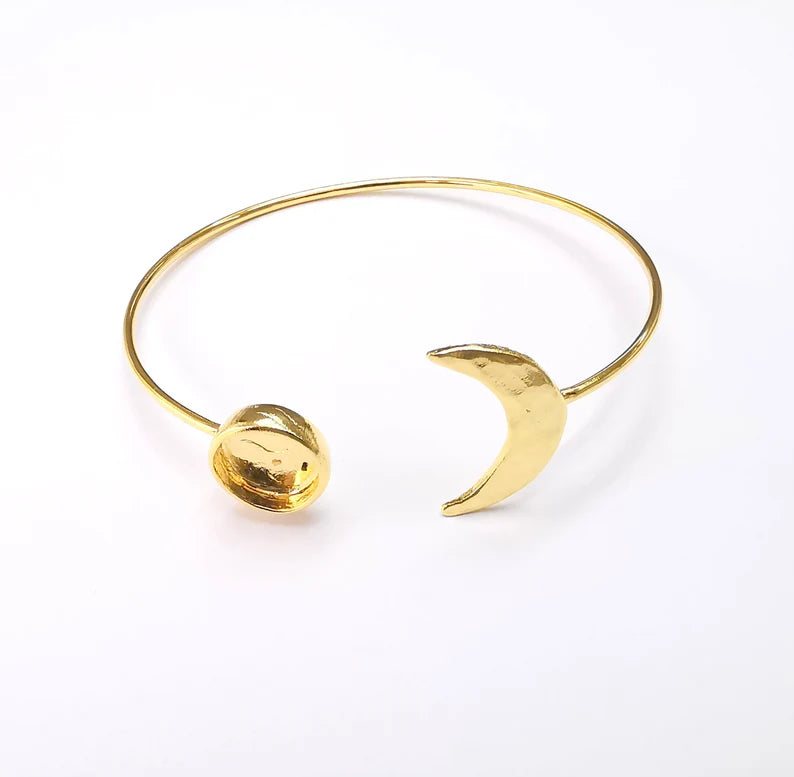 Crescent Moon Bracelet Bezel Blank Resin Bezel Cabochon Cuff Base Settings Adjustable Bracelet Shiny Gold Plated Brass (10mm Bezel) G33121