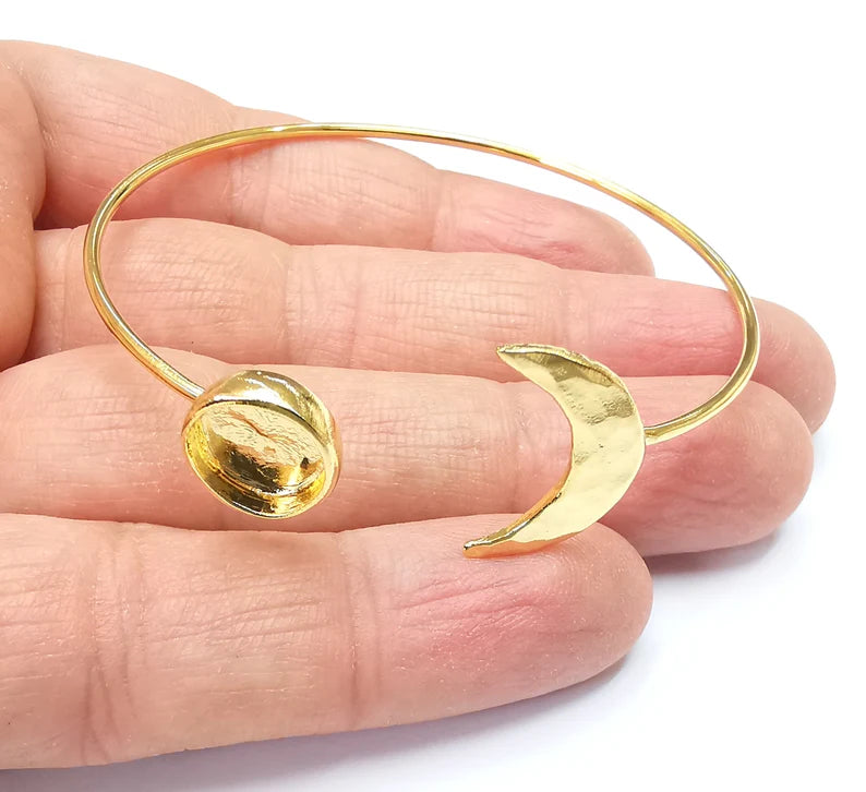 Crescent Moon Bracelet Bezel Blank Resin Bezel Cabochon Cuff Base Settings Adjustable Bracelet Shiny Gold Plated Brass (10mm Bezel) G33121