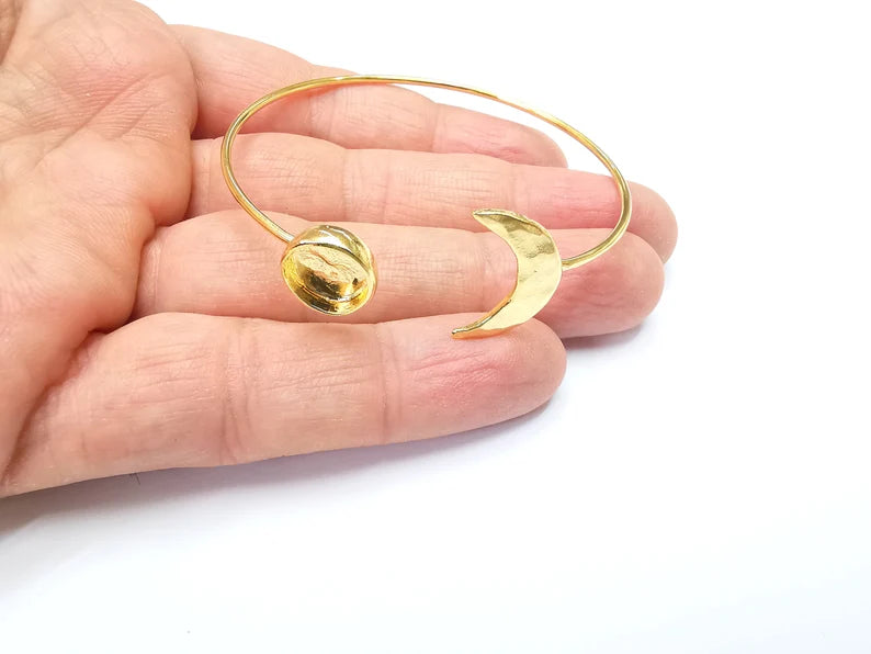 Crescent Moon Bracelet Bezel Blank Resin Bezel Cabochon Cuff Base Settings Adjustable Bracelet Shiny Gold Plated Brass (10mm Bezel) G33121
