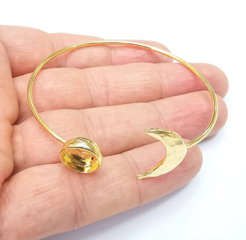 Crescent Moon Bracelet Bezel Blank Resin Bezel Cabochon Cuff Base Settings Adjustable Bracelet Shiny Gold Plated Brass (10mm Bezel) G33121