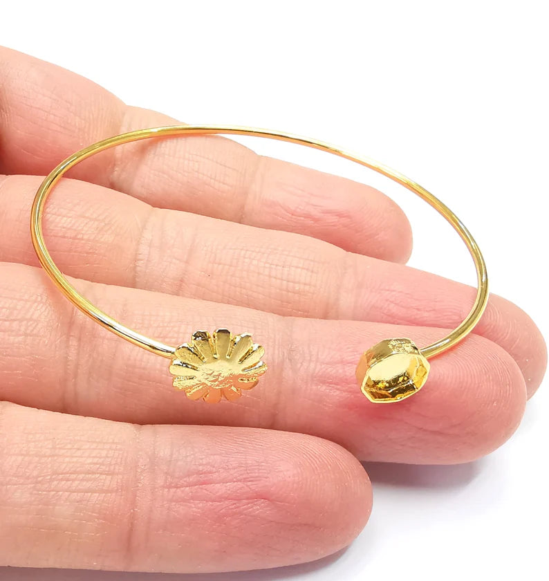 Flower Octagon Bracelet Bezel Blank Resin Bezel Cabochon Cuff Base Settings Adjustable Bracelet Shiny Gold Plated Brass (6mm Bezel) G33125