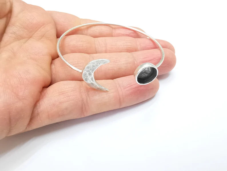 Crescent Moon Bracelet Bezel Blank Resin Bezel Cabochon Cuff Base Setting Adjustable Bracelet Silver Plated Brass (10mm Bezel) G33126
