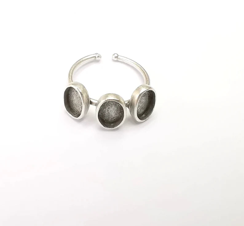 Oval Ring Blank Setting, Cabochon Mounting, Adjustable Resin Ring Base Bezels, Antique Silver Plated Brass Ring (8x6mm bezel) G33127