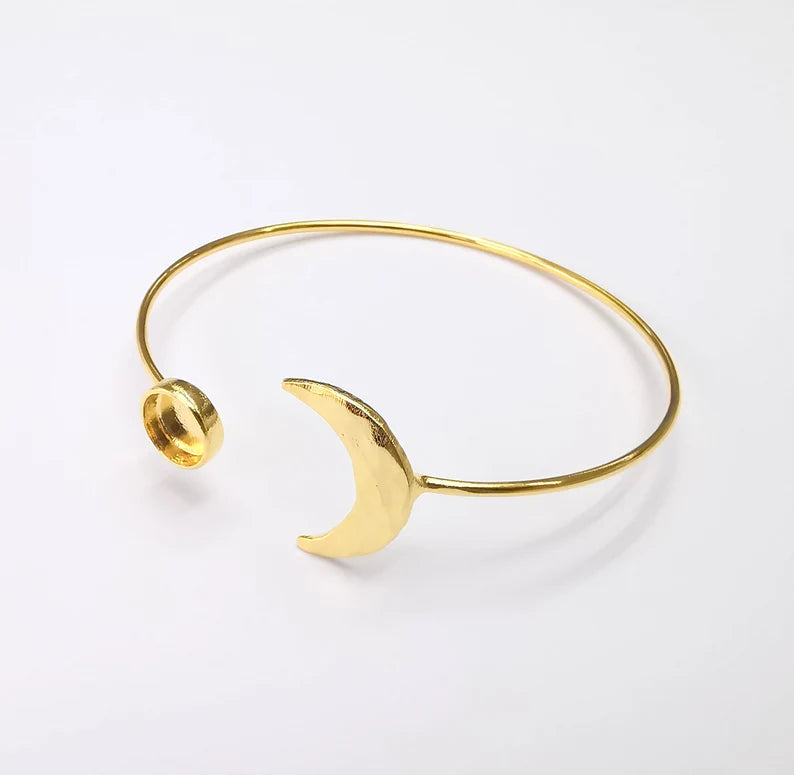 Crescent Moon Bracelet Bezel Blank Resin Bezel Cabochon Cuff Base Settings Adjustable Bracelet Shiny Gold Plated Brass (8mm Bezel) G33129
