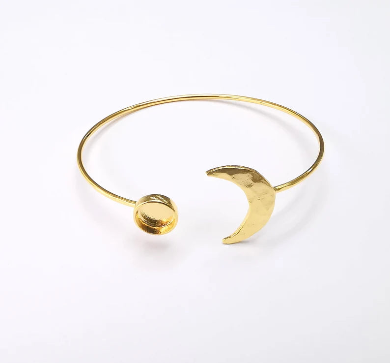 Crescent Moon Bracelet Bezel Blank Resin Bezel Cabochon Cuff Base Settings Adjustable Bracelet Shiny Gold Plated Brass (8mm Bezel) G33129