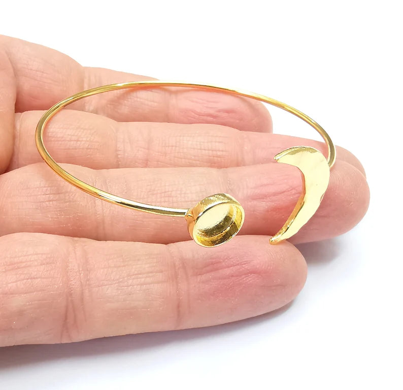Crescent Moon Bracelet Bezel Blank Resin Bezel Cabochon Cuff Base Settings Adjustable Bracelet Shiny Gold Plated Brass (8mm Bezel) G33129