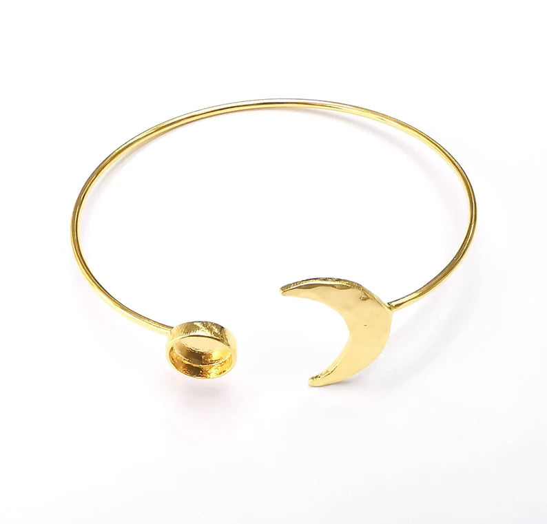 Crescent Moon Bracelet Bezel Blank Resin Bezel Cabochon Cuff Base Settings Adjustable Bracelet Shiny Gold Plated Brass (8mm Bezel) G33129
