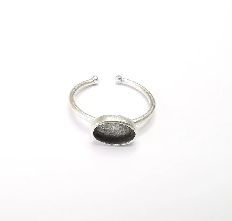 Oval Ring Blank Setting, Cabochon Mounting, Adjustable Resin Ring Base Bezels, Antique Silver Plated Brass Ring (9x6mm bezel) G33130