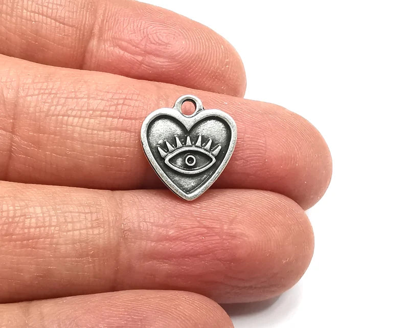 5 Eye, Heart Charms, Dangle Charms Antique Silver Plated (15x14mm) G28380