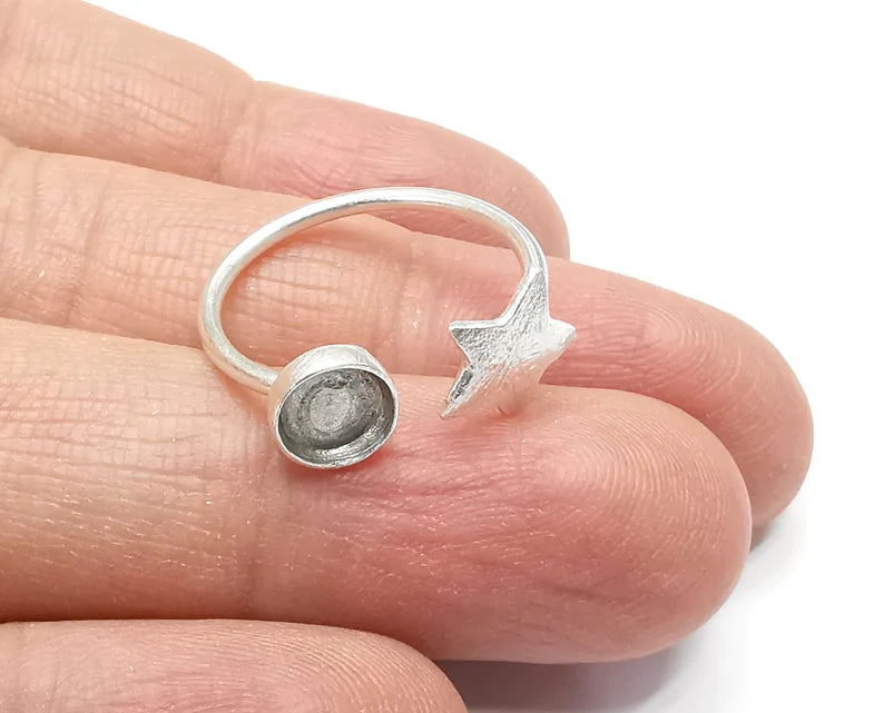 Star Ring Blank Setting, Cabochon Mounting, Adjustable Resin Ring Base Bezels, Antique Silver Plated (6mm) G33251