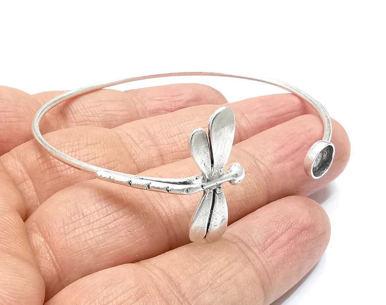 Dragonfly Bracelet Bezel Blank Resin Bezel Cabochon Cuff Base Settings Adjustable Bracelet Antique Silver Plated Brass (6mm) G33141