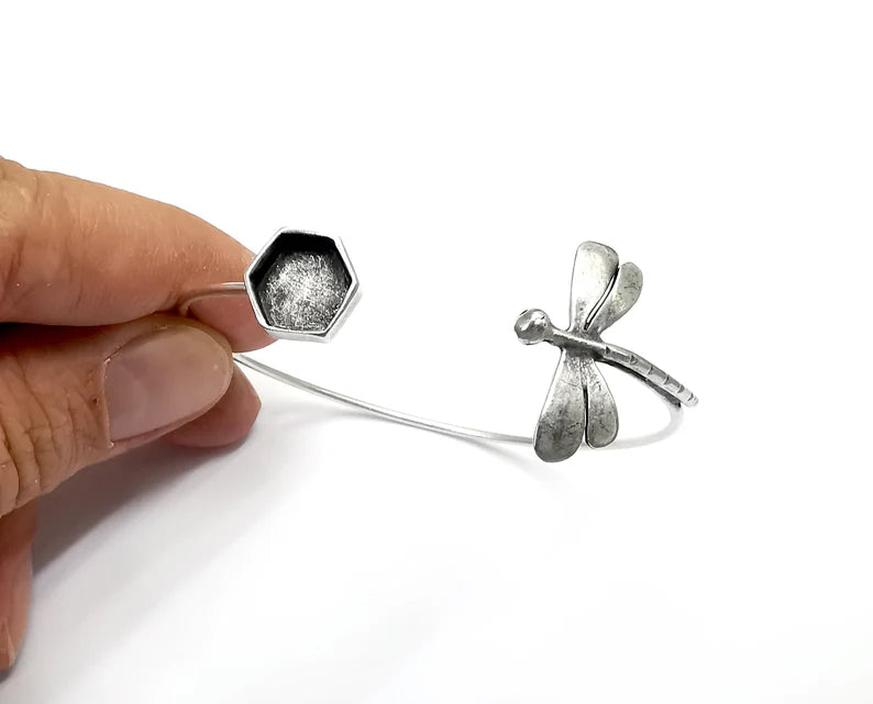 Dragonfly Bracelet Bezel Blank Resin Bezel Cabochon Cuff Base Settings Adjustable Bracelet Antique Silver Plated Brass (10mm) G33142