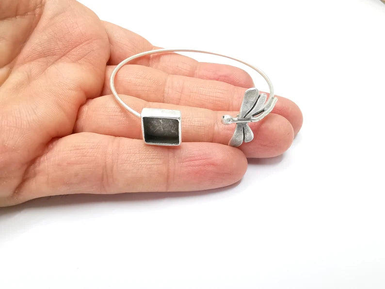 Dragonfly Square Bracelet Bezel Blank Resin Bezel Cabochon Cuff Base Settings Adjustable Bracelet Antique Silver Plated Brass (10mm) G33155