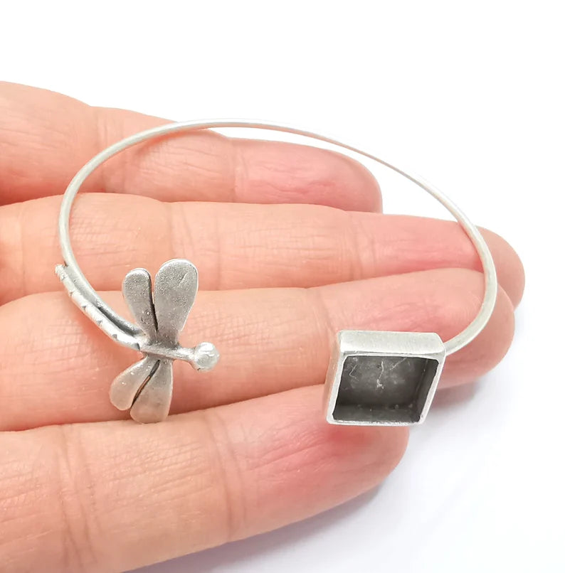 Dragonfly Square Bracelet Bezel Blank Resin Bezel Cabochon Cuff Base Settings Adjustable Bracelet Antique Silver Plated Brass (10mm) G33155