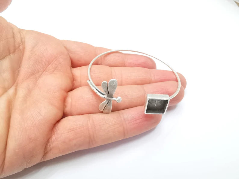 Dragonfly Square Bracelet Bezel Blank Resin Bezel Cabochon Cuff Base Settings Adjustable Bracelet Antique Silver Plated Brass (10mm) G33155