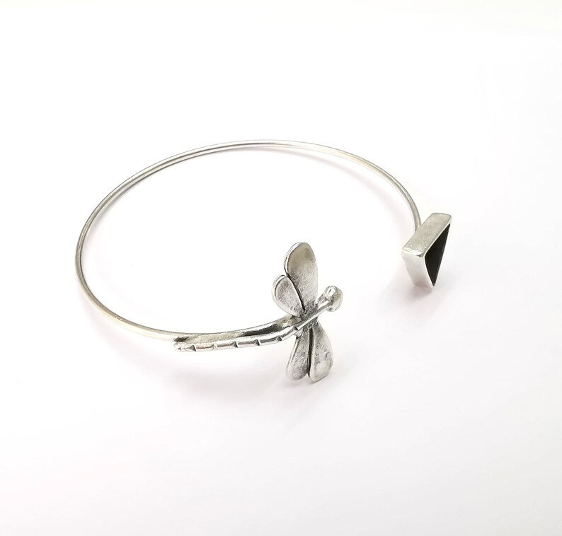 Dragonfly Triangle Bracelet Bezel Blank Resin Bezel Cabochon Cuff Base Setting Adjustable Bracelet Antique Silver Plated Brass (10mm) G33160