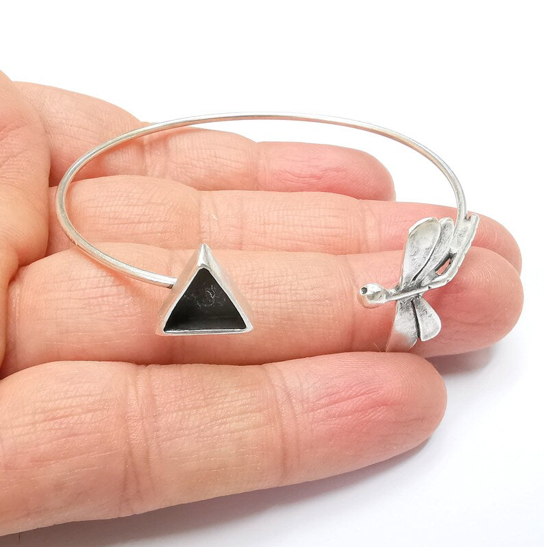Dragonfly Triangle Bracelet Bezel Blank Resin Bezel Cabochon Cuff Base Setting Adjustable Bracelet Antique Silver Plated Brass (10mm) G33160