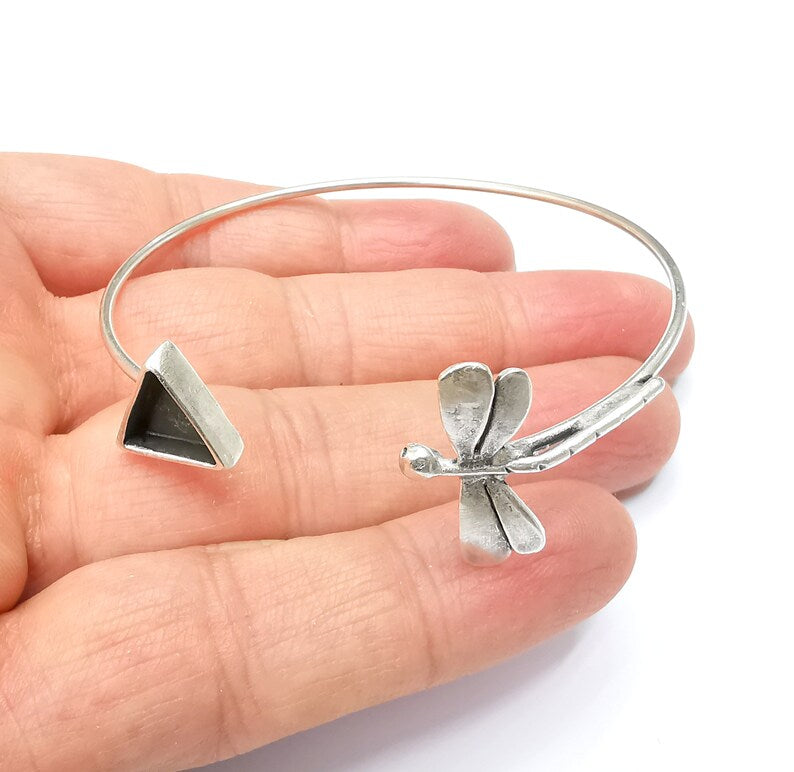Dragonfly Triangle Bracelet Bezel Blank Resin Bezel Cabochon Cuff Base Setting Adjustable Bracelet Antique Silver Plated Brass (10mm) G33160