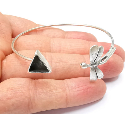 Dragonfly Triangle Bracelet Bezel Blank Resin Bezel Cabochon Cuff Base Setting Adjustable Bracelet Antique Silver Plated Brass (10mm) G33160