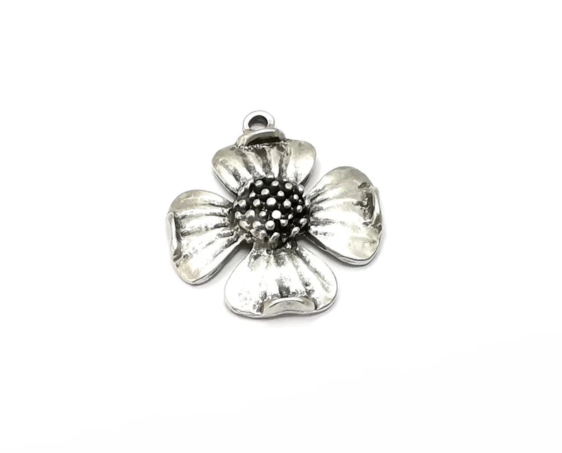 Cranberry Flower Charms, Antique Silver Plated Dangle Charms (30x27mm) G33259