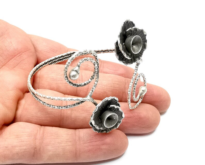 Flower Bracelet Bezel Blank Resin Bezel Cabochon Cuff Base Settings Adjustable Bracelet Antique Silver Plated Brass (8mm Bezel) G33266