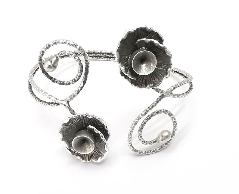 Flower Bracelet Bezel Blank Resin Bezel Cabochon Cuff Base Settings Adjustable Bracelet Antique Silver Plated Brass (8mm Bezel) G33266