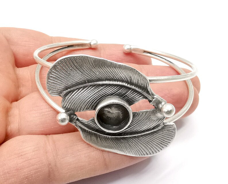 Feathers Bracelet Bezel Blank Resin Bezel Cabochon Cuff Base Settings Adjustable Bracelet Antique Silver Plated Brass (10mm Bezel) G33267