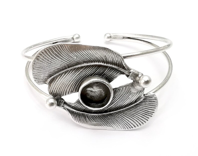 Feathers Bracelet Bezel Blank Resin Bezel Cabochon Cuff Base Settings Adjustable Bracelet Antique Silver Plated Brass (10mm Bezel) G33267