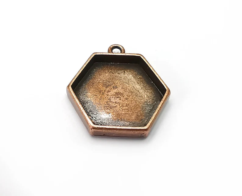 2 Hexagonal Pendant Blanks, Resin Bezel Bases, Mosaic Mountings, Dry flower Frame, Polymer Clay base, Antique Copper Plated (20mm) G33274