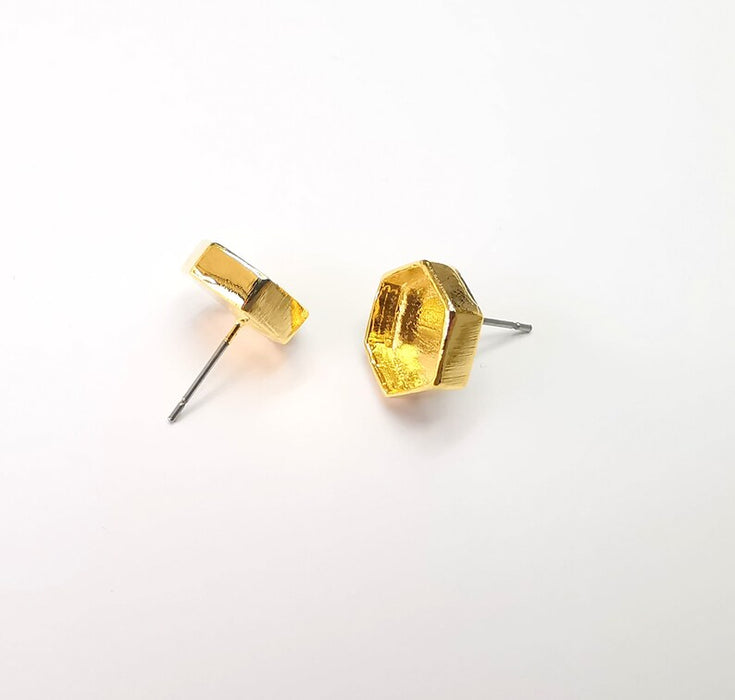 Gold Hexagon Blank Earring Bezel Set Base Shiny Gold Plated Brass Earring Stud Base (10mm blank) G33176