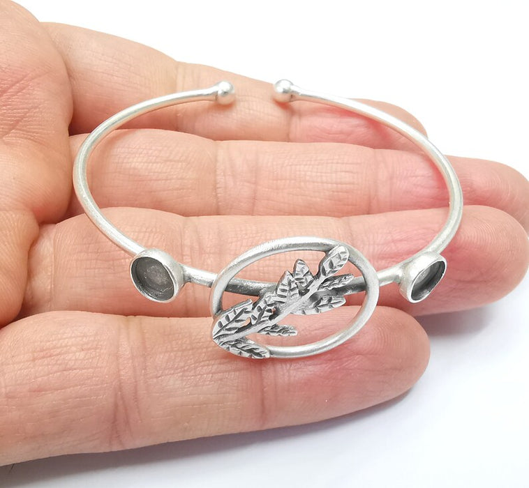 Leafy Plant Bracelet Bezel Blank Resin Bezel Cabochon Cuff Base Setting Adjustable Bracelet Silver Plated Brass (6mm Bezel) G33177