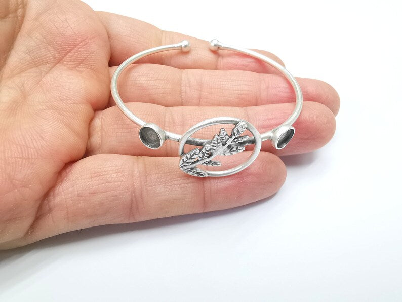 Leafy Plant Bracelet Bezel Blank Resin Bezel Cabochon Cuff Base Setting Adjustable Bracelet Silver Plated Brass (6mm Bezel) G33177