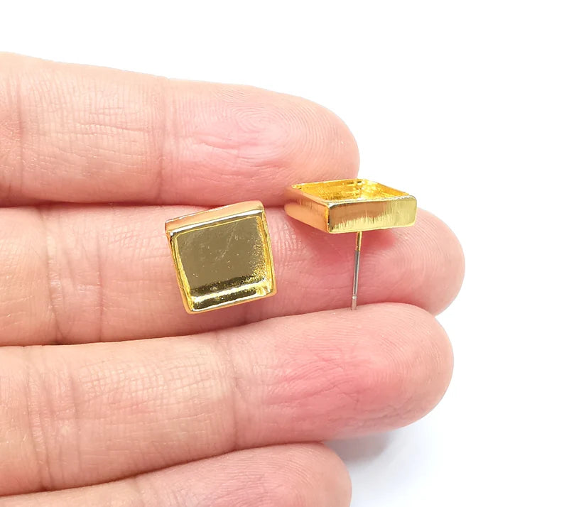 Gold Square Blank Earring Bezel Set Base Shiny Gold Plated Brass Earring Stud Base (10mm blank) G33178