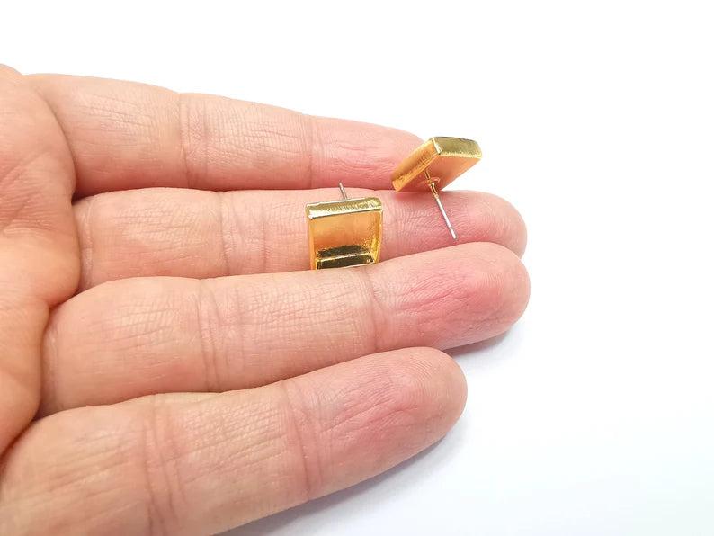 Gold Square Blank Earring Bezel Set Base Shiny Gold Plated Brass Earring Stud Base (10mm blank) G33178
