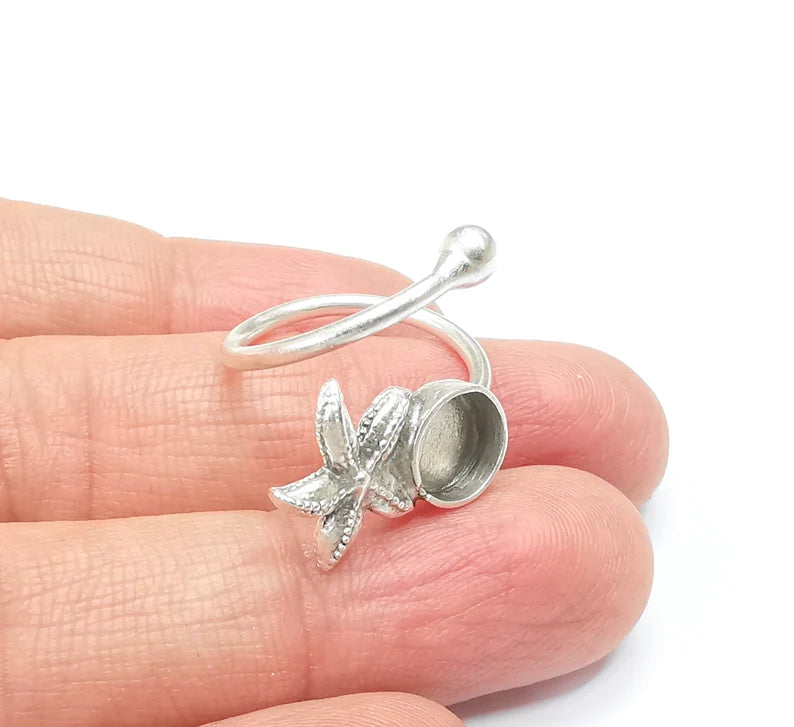 Starfish Ring Blank Setting, Cabochon Mounting, Adjustable Resin Ring Base Bezels, Antique Silver Plated Brass Ring (8mm) G33179