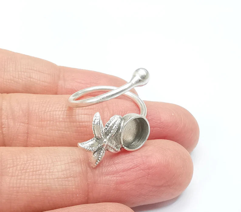 Starfish Ring Blank Setting, Cabochon Mounting, Adjustable Resin Ring Base Bezels, Antique Silver Plated Brass Ring (8mm) G33179