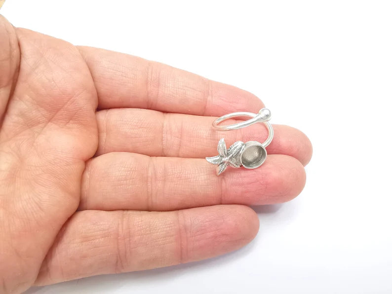 Starfish Ring Blank Setting, Cabochon Mounting, Adjustable Resin Ring Base Bezels, Antique Silver Plated Brass Ring (8mm) G33179