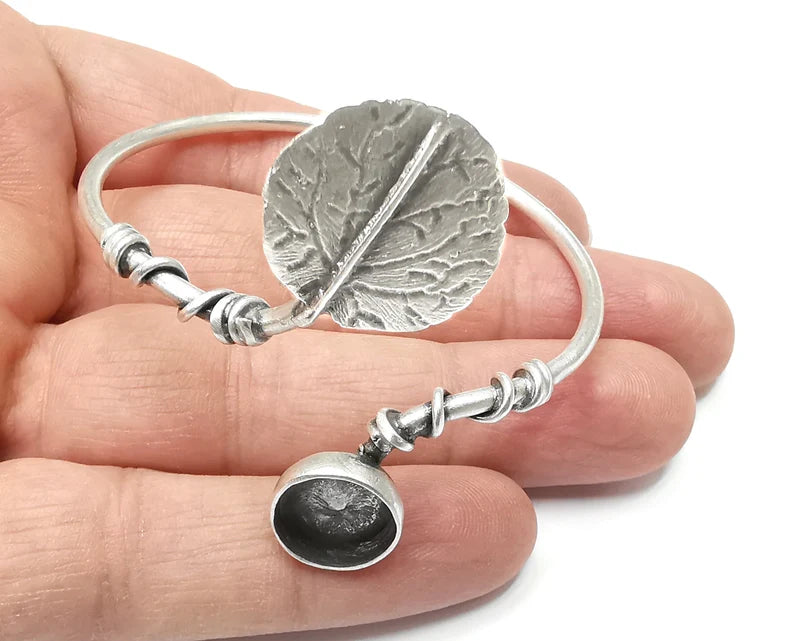 Leaf Bracelet Bezel Blank Resin Bezel Cabochon Cuff Base Settings Adjustable Bracelet Antique Silver Plated Brass (12mm Bezel) G33276