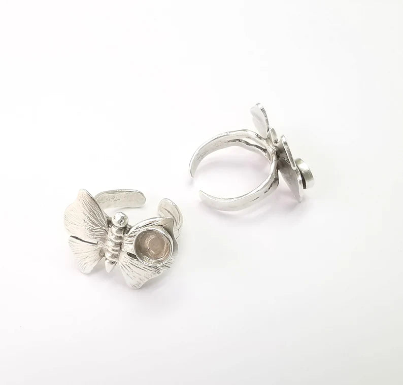 Butterfly Ring Blank Setting, Cabochon Mounting, Adjustable Resin Ring Base Bezels, Antique Silver Plated Brass Ring (6mm) G33182