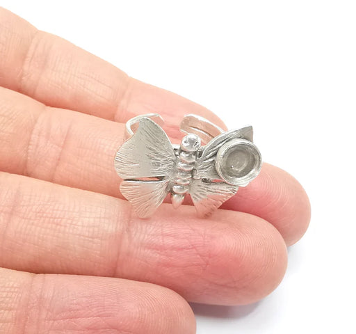 Butterfly Ring Blank Setting, Cabochon Mounting, Adjustable Resin Ring Base Bezels, Antique Silver Plated Brass Ring (6mm) G33182