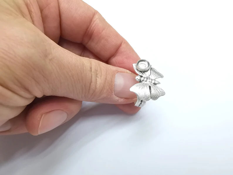 Butterfly Ring Blank Setting, Cabochon Mounting, Adjustable Resin Ring Base Bezels, Antique Silver Plated Brass Ring (6mm) G33182