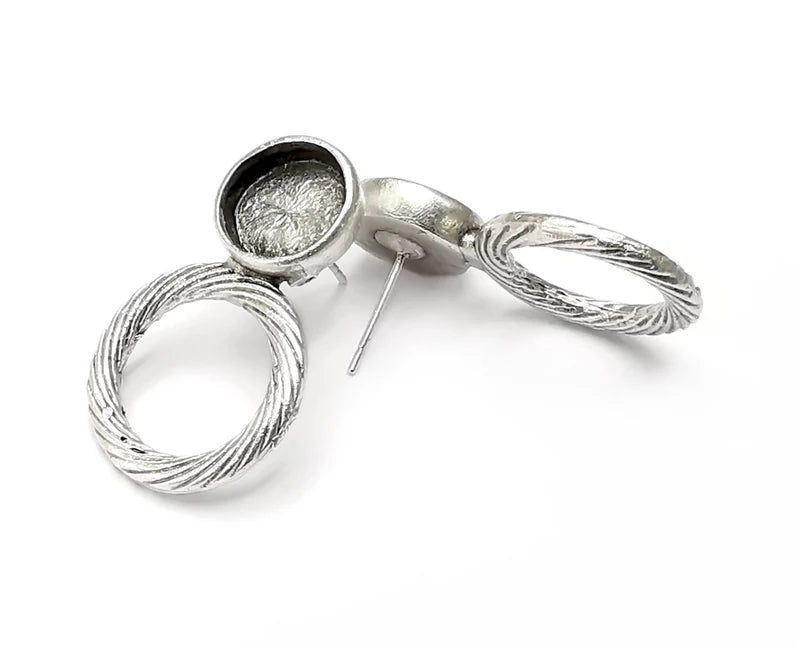 Swirl Hoops Blank Earring Bezel Set Base Antique Silver Plated Brass Earring Stud Base (10mm blank) G33279