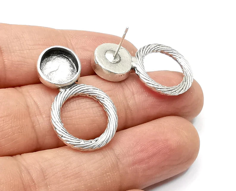 Swirl Hoops Blank Earring Bezel Set Base Antique Silver Plated Brass Earring Stud Base (10mm blank) G33279